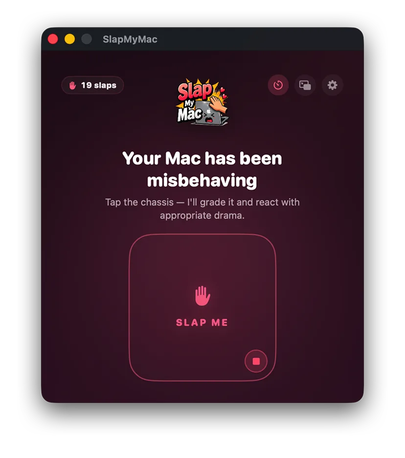 SlapYourMac main window — slap zone with hand icon, intensity meter, and counter pill